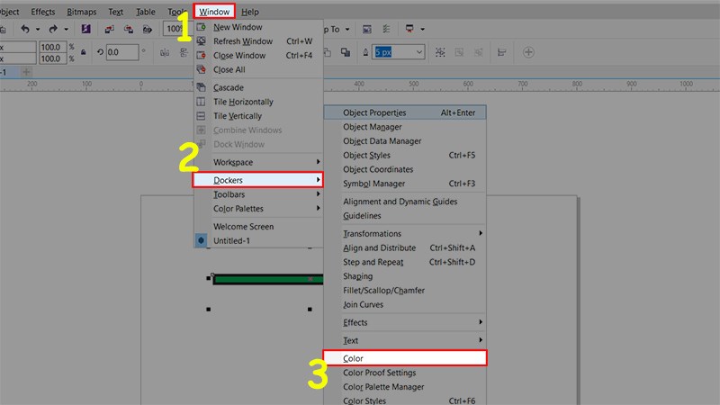 Chọn tab Window > Chọn tiếp Dockers > Color để mở bảng m&agrave;u