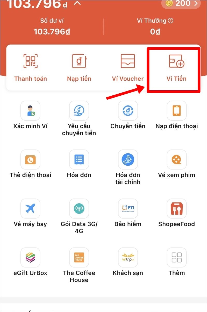 Nhấn chọn Ví Tiền