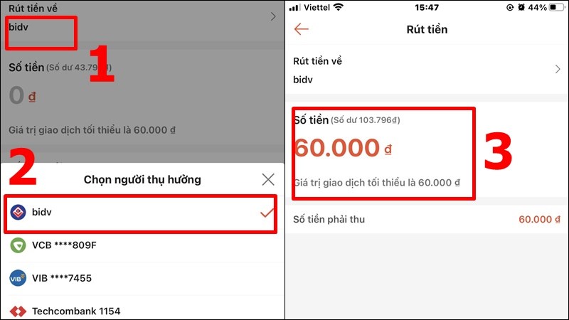 Chọn BIDV và nhập số tiền muốn rút
