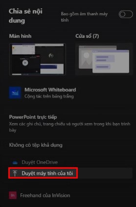 Chọn Duyệt máy tính của tôi hoặc bạn có thể chọn Duyệt OneDrive để tải file PowerPoint lên Microsoft Teams