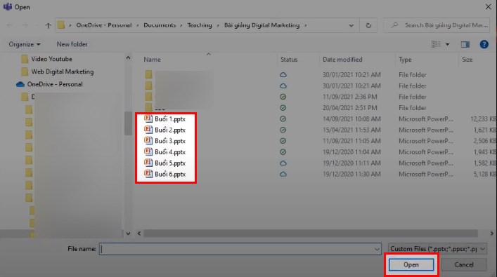 Chọn file PowerPoint mà bạn muốn chia sẻ > Chọn Open Chọn file PowerPoint mà bạn muốn chia sẻ > Chọn Open