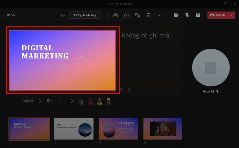 Tại đây, sẽ xuất hiện màn hình mà bạn trình chiếu PowerPoint để mọi người nhìn thấy