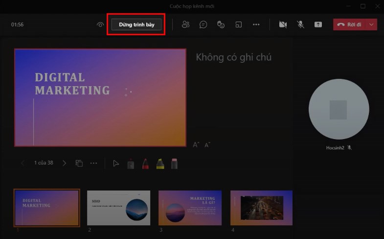 Để dừng chia sẻ PowerPoint trên Microsoft Teams, chọn Dừng trình bày