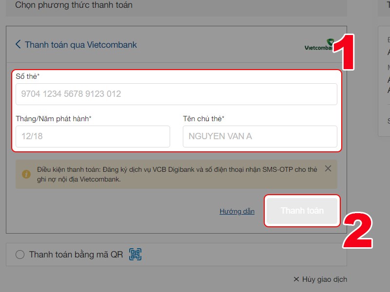 Nhập th&ocirc;ng tin thẻ để thanh to&aacute;n