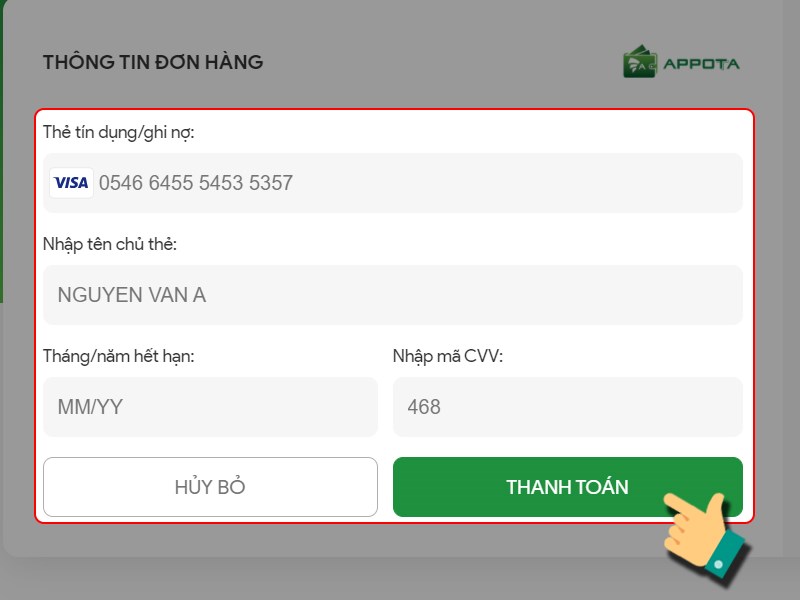 Nhập th&ocirc;ng tin thẻ v&agrave; thanh to&aacute;n