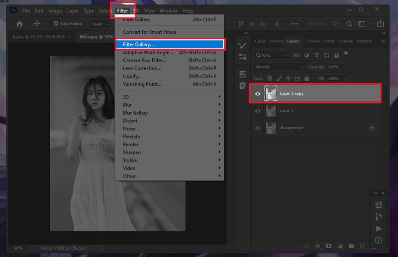 Chọn Layer vừa được tạo > Chọn Fillter > chọn Fillter Gallery... Chọn Layer vừa được tạo > Chọn Fillter > chọn Fillter Gallery...