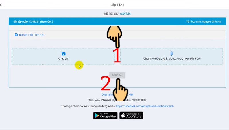 Chọn mục Chụp ảnh hoặc Chọn file và nhấn nút Nộp bài