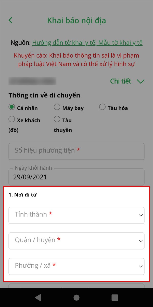 Điền các thông tin tại mục Nơi đi từ