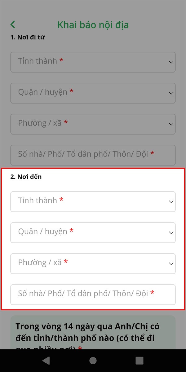 Điền các thông tin tại mục Nơi đến