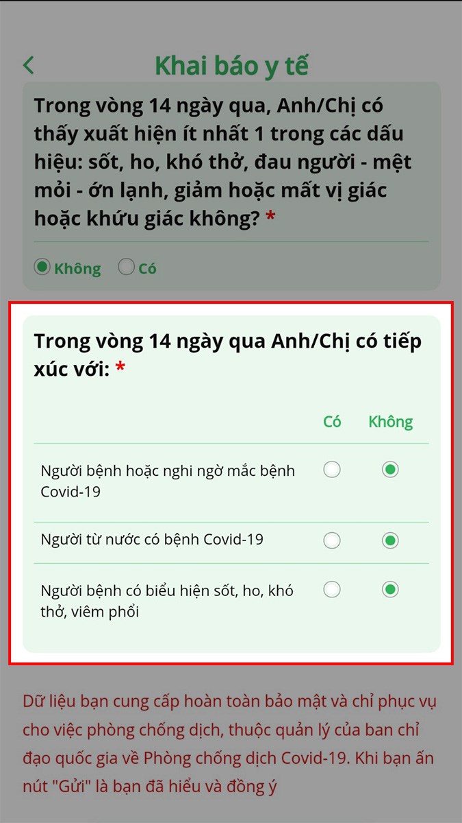 Nhấn dấu vào ô Có hoặc Không với các trường hợp tương ứng