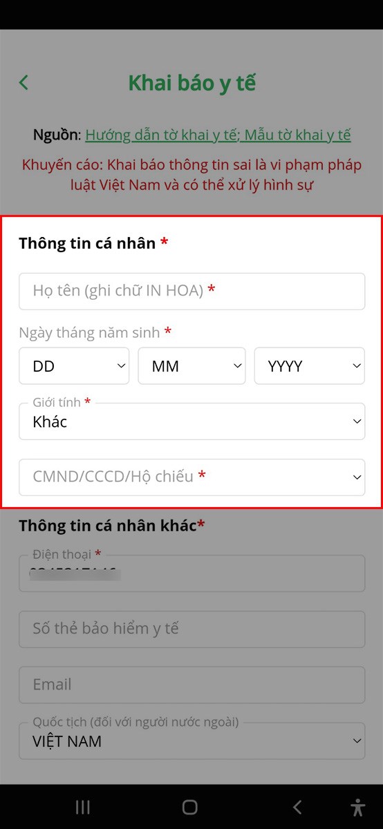 Tại mục Thông tin cá nhân, tiến hành điền các thông tin gồm