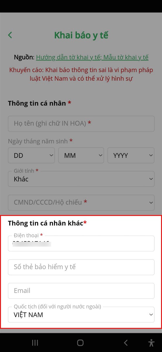 Tại mục Thông tin cá nhân khác, tiến hành điền chính xác các thông tin gồm