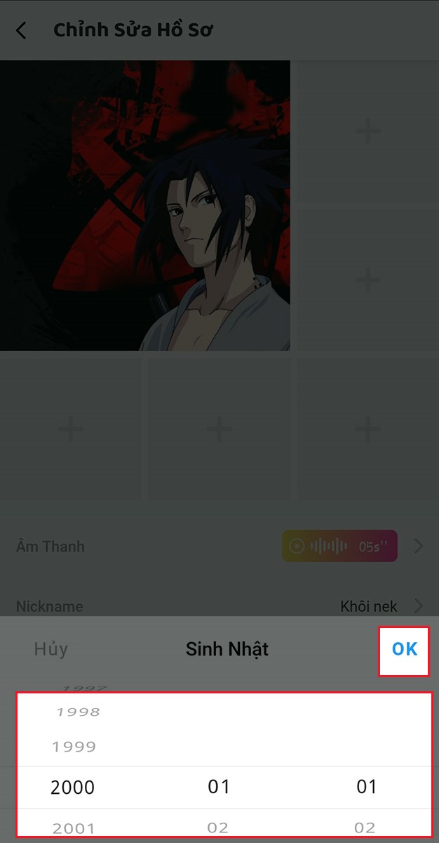 Tùy chỉnh ngày, tháng, năm sinh và nhấn OK