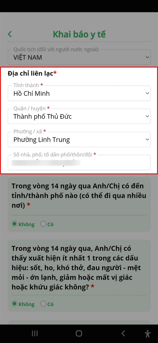 Tại mục Địa chỉ liên lạc điền các thông tin gồm