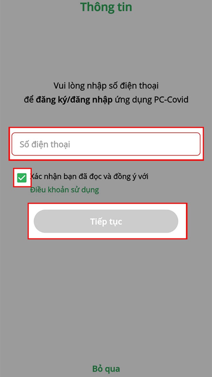 Nhập số điện thoại > Nhấn dấu t&iacute;ch v&agrave;o &ocirc; vu&ocirc;ng > Chọn Tiếp tục