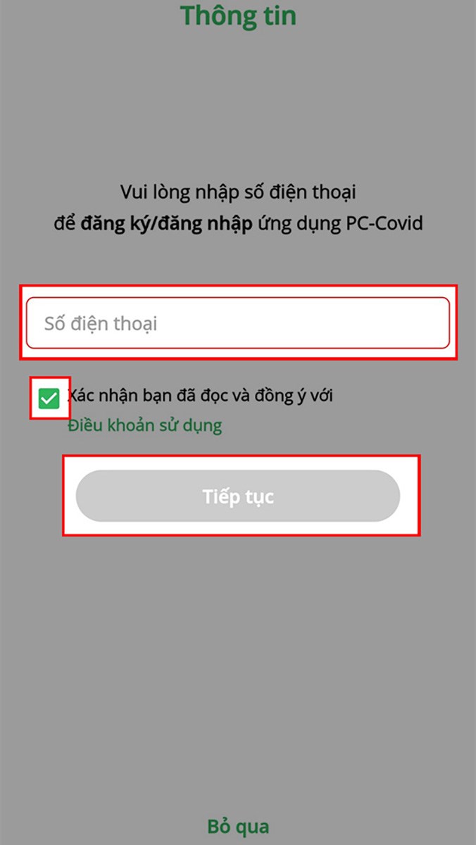 Nhập số điện thoại > Nhấn dấu tích vào ô vuông > Chọn Tiếp tục