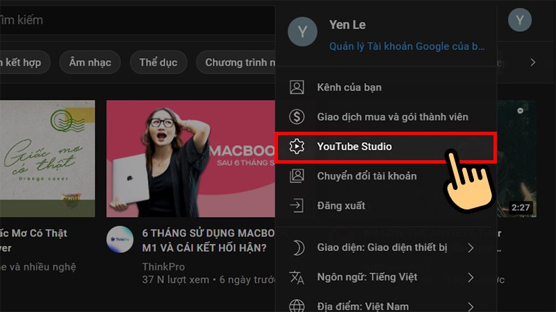 Chọn Youtube Studio