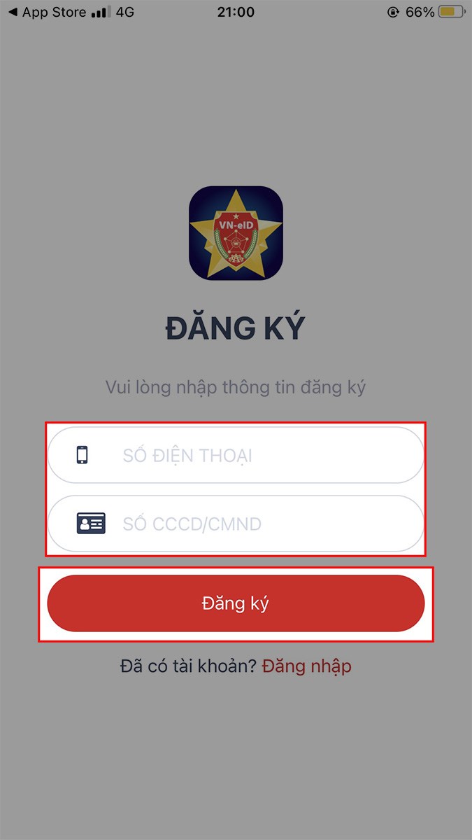 Nhập số điện thoại và số CCCD/CMND > Chọn Đăng ký