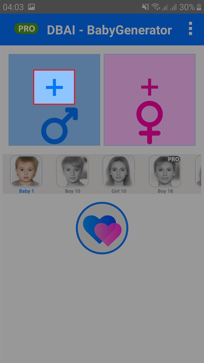 Mở ứng dụng BabyGenerator, nhấn v&agrave;o biểu tượng dấu cộng
