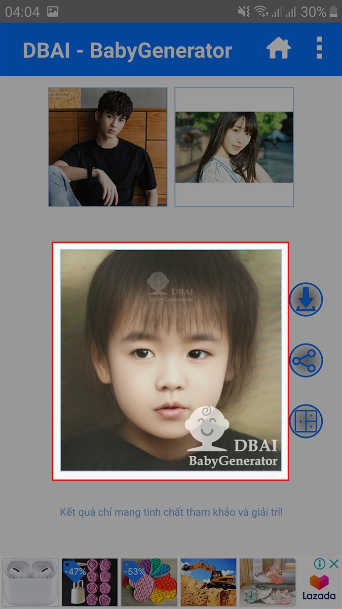 Tại đ&acirc;y sẽ xuất hiện kết quả gh&eacute;p ảnh mặt bố mẹ ra con