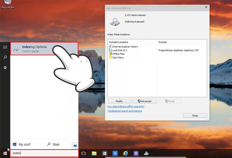 Vào Start Menu tìm Indexing Option