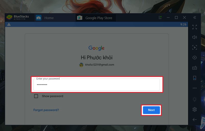 Nhập mật khẩu và chọn Next Nhập mật khẩu và chọn Next