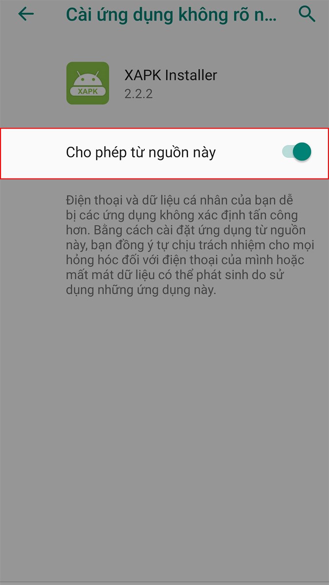 Cho phép tải và cài đặt ứng dụng từ nguồn nguy hiểm