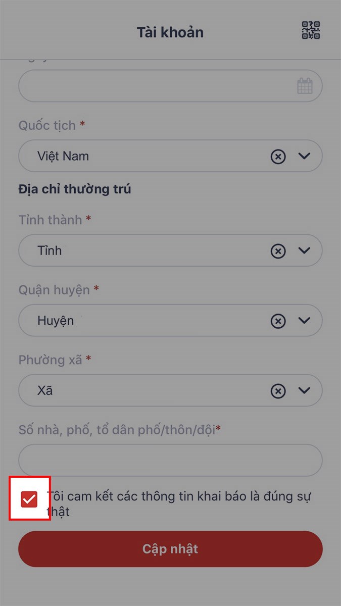 Nhấn dấu tích vào ô Tôi cam kết các thông tin khai báo là đúng sự thật