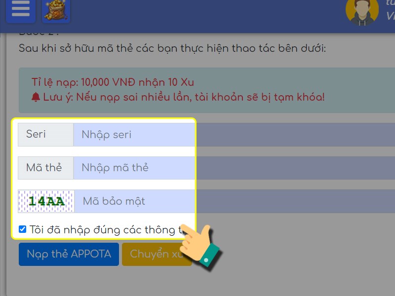 Nhập thông tin thẻ game Appota