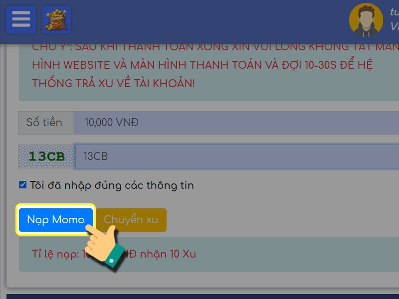 Bấm vào Nạp MoMo