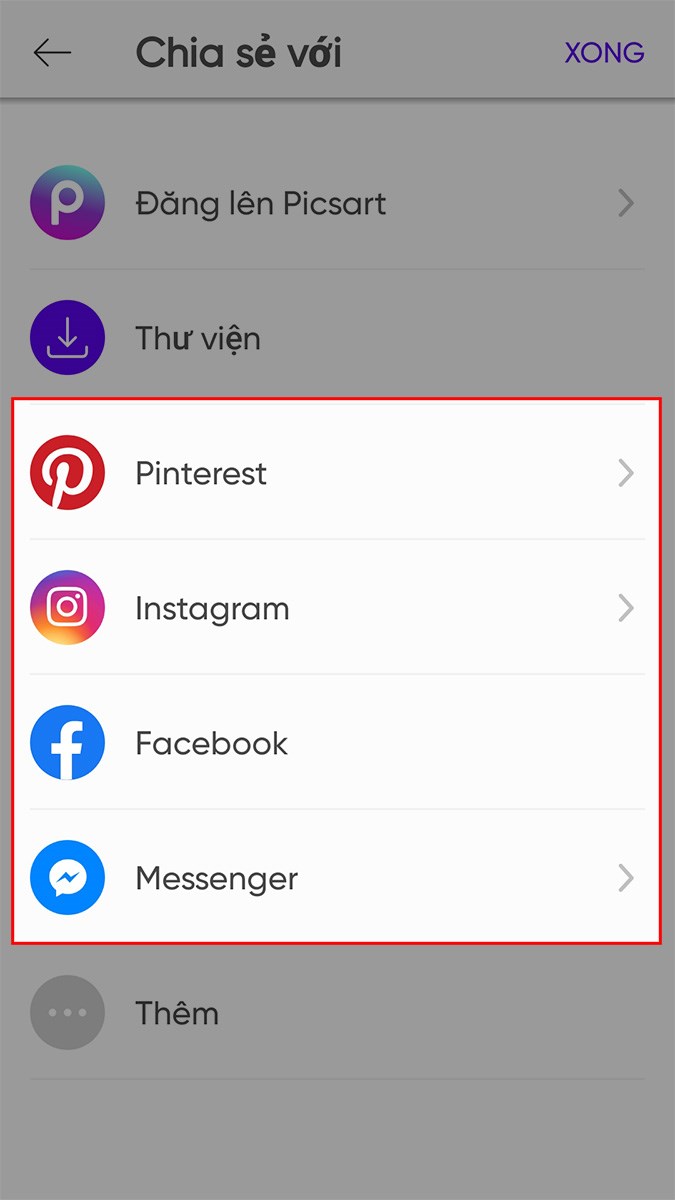 Bạn cũng có thể chia sẻ ảnh qua Pinterest, đăng lên PicsArt, qua Facebook, Messenger,...