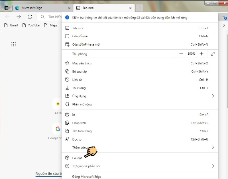 Nhấn v&agrave;o biểu tượng 3 dấu chấm v&agrave; chọn C&agrave;i đặt