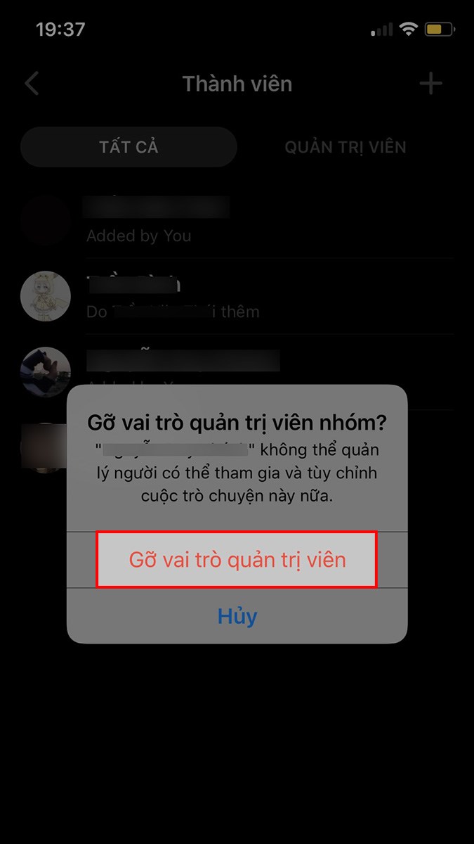 Chọn Gỡ vai trò quản trị viên