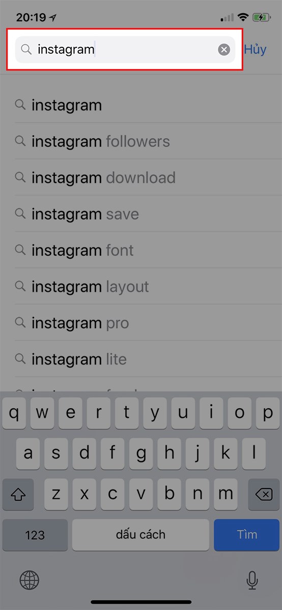Nhấn vào khung tìm kiếm > Nhập Instagram
