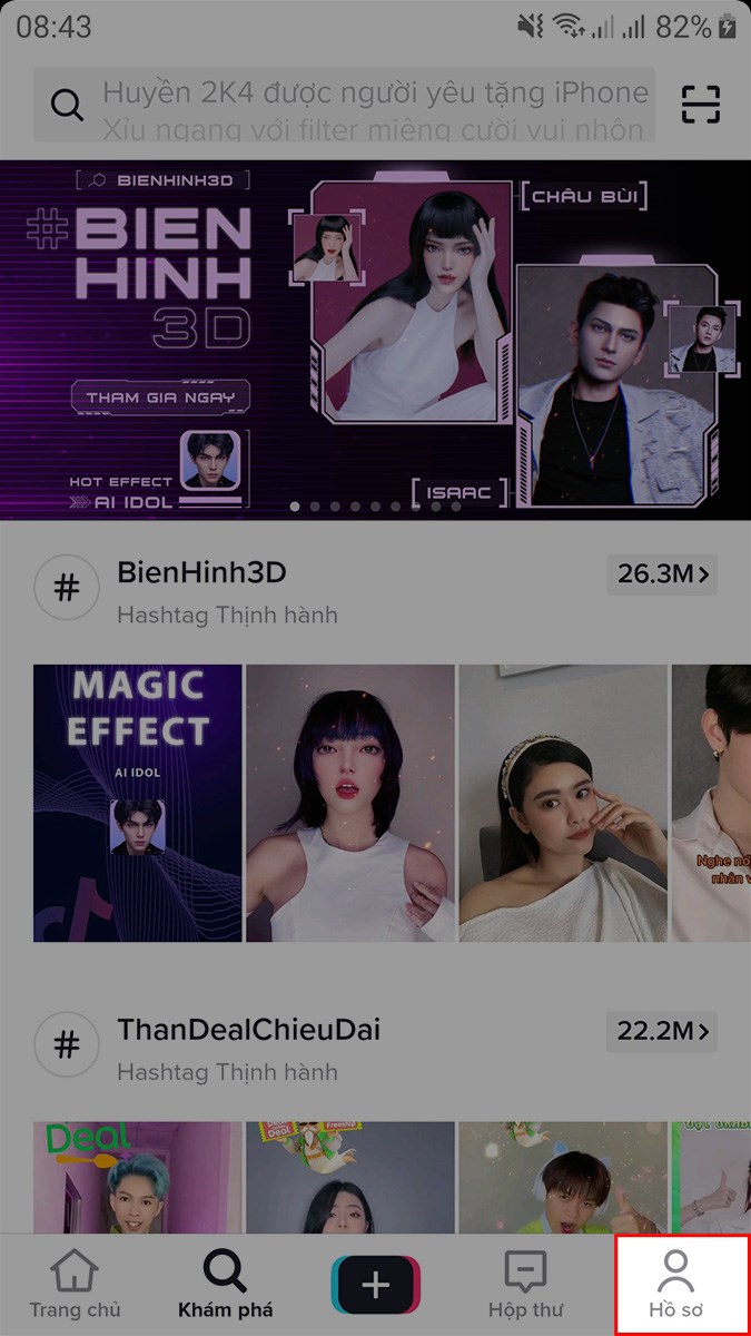 Mở ứng dụng TikTok, chọn Hồ sơ ở góc dưới bên phải Mở ứng dụng TikTok, chọn Hồ sơ ở góc dưới bên phải