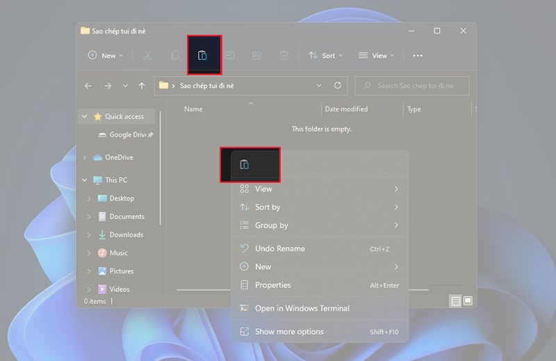 Click chuột phải v&agrave;o chỗ trống > chọn biểu tượng d&aacute;n (Paste)