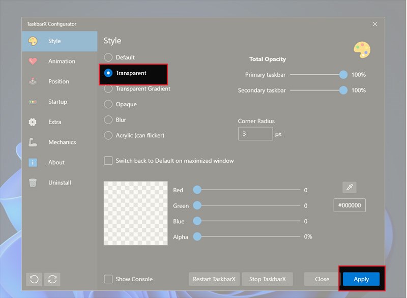 Chọn Transparent > Chọn Apply