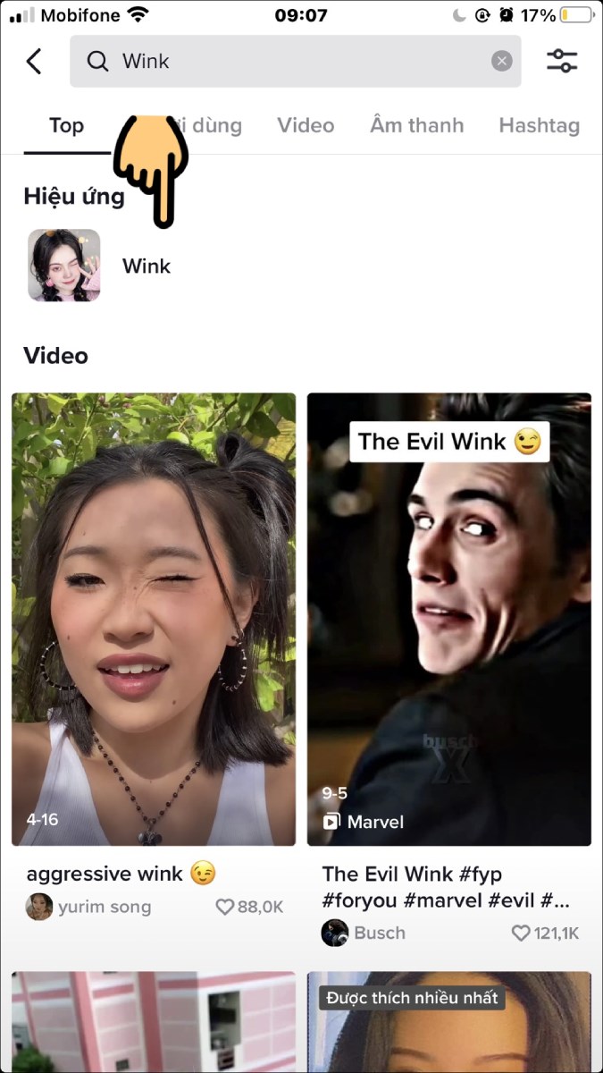 Nhập từ kh&oacute;a Wink v&agrave; bấm chọn hiệu ứng Wink