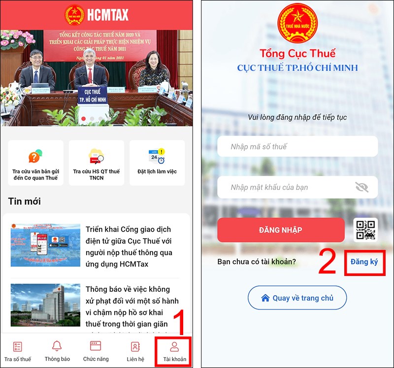 Chọn T&agrave;i khoản rồi chọn Đăng k&yacute;