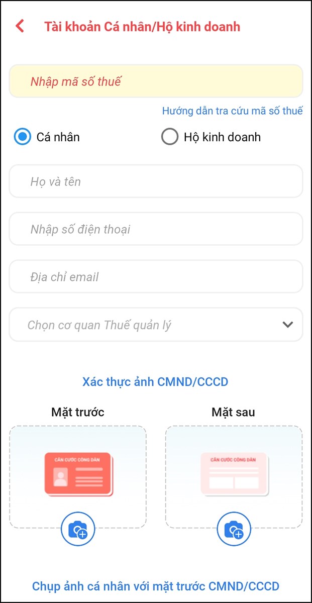 Điền th&ocirc;ng tin cho t&agrave;i khoản c&aacute; nh&acirc;n/hộ kinh doanh