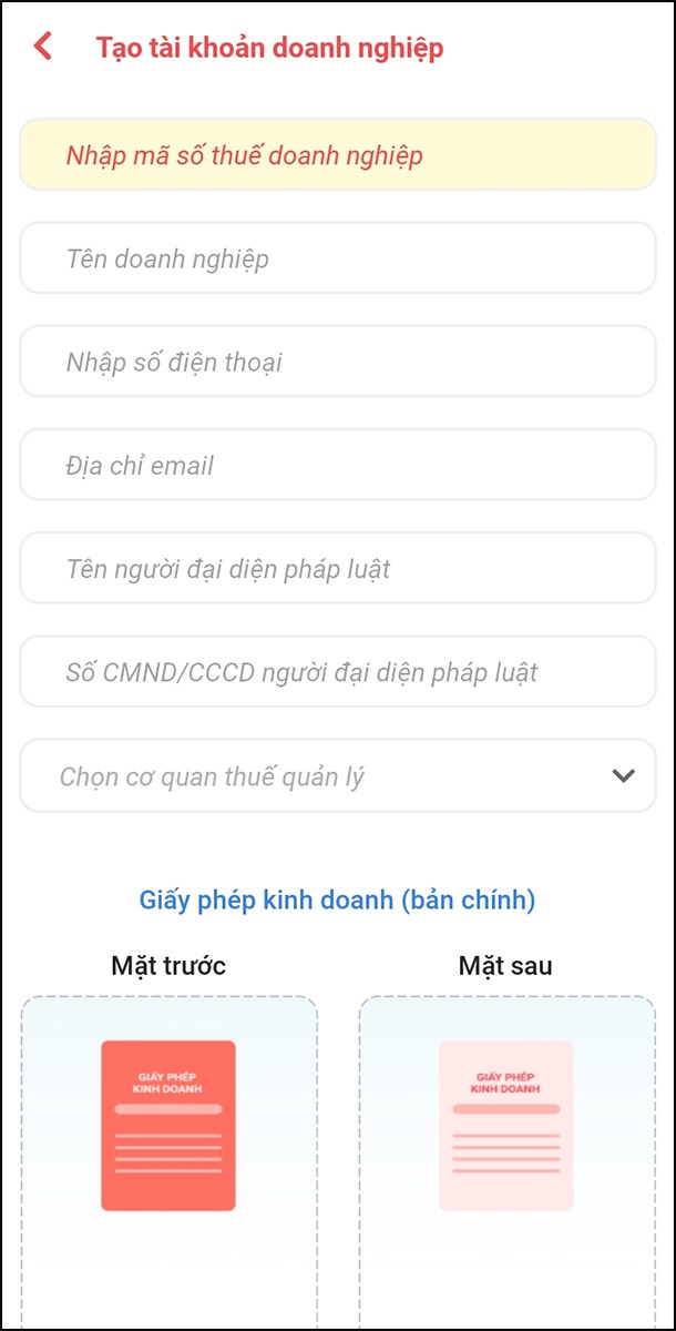 Điền th&ocirc;ng tin cho t&agrave;i khoản tổ chức/doanh nghiệp