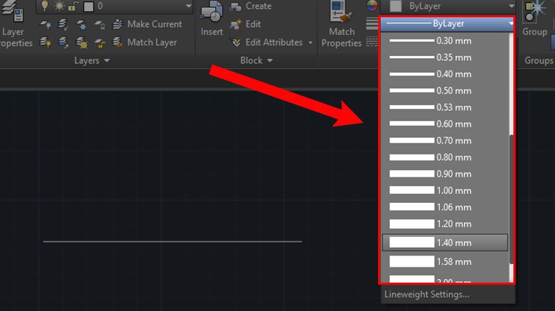 Cách thay đổi độ dày nét vẽ trong CAD theo kiểu mặc định.