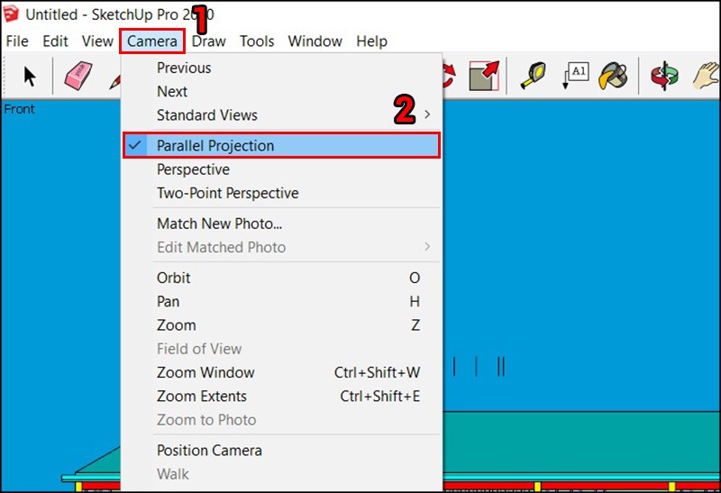 chọn&nbsp;Camera v&agrave; chọn Parallel Projection.