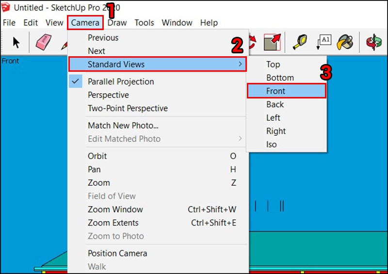 chọn v&agrave;o Camera > Standard Views v&agrave; sau đ&oacute; chọn View nh&igrave;n m&agrave; bạn muốn xuất sang AutoCAD.