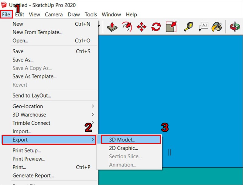 Đầu ti&ecirc;n bạn h&atilde;y chọn v&agrave;o File > Export >&nbsp;3D Model.