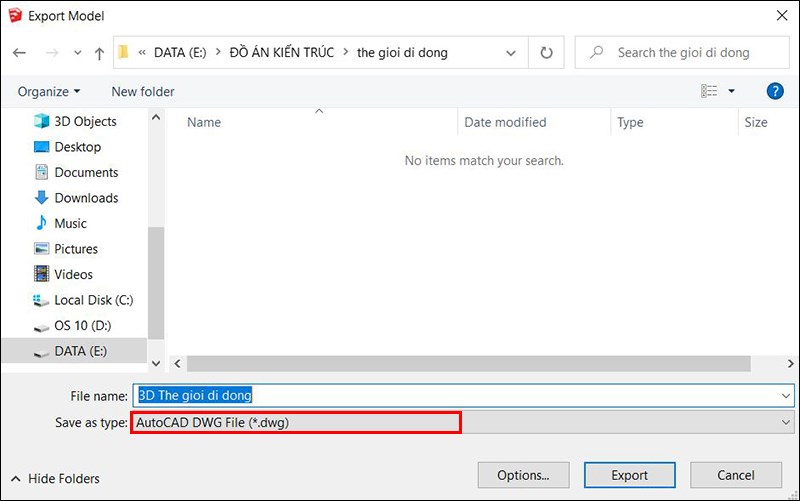 Chọn vị tr&iacute; lưu file v&agrave; chuyển định dạng file th&agrave;nh .dwg&nbsp;hoặc&nbsp;.dxf&nbsp;