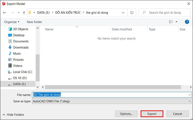 Chọn&nbsp;Export&nbsp;để xuất file Sketch sang AutoCAD 3D.