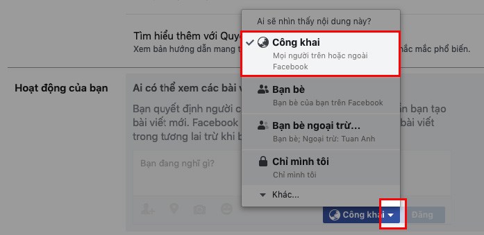 Nhấn vào biểu tượng mũi tên  Chọn Công khai