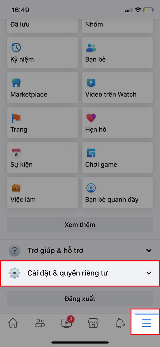 Nhấn vào biểu tượng 3 dấu gạch ở góc dưới bên phải > Chọn Cài đặt & Quyền riêng tư