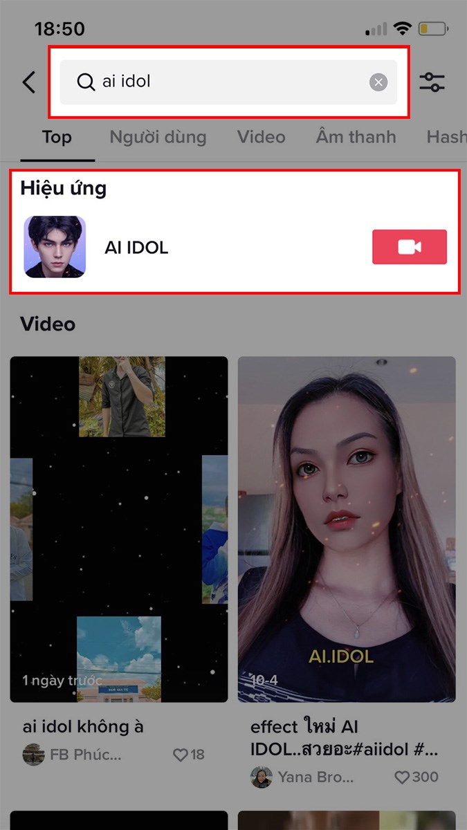 Nhập từ kh&oacute;a AI IDOL > Chọn hiệu ứng AI IDOL